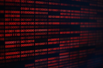 red binary code. computer technology background. red binary code computer language data transfers. unsecured and dangerous big data and ai artificial intelligence cyber network.