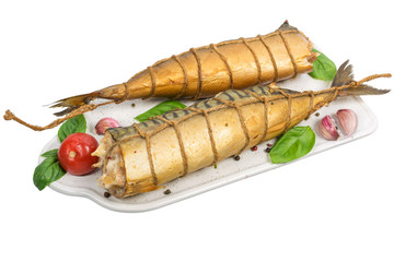 smoked rolled mackerel on white cutting board wis basil, tomatoes and spices isolated on white background - obrazy, fototapety, plakaty