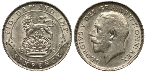 United Kingdom British silver coin 6 six pence 1912, lion on crown, date below, George V head right, 