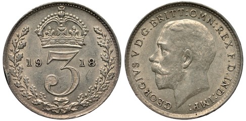 United Kingdom British silver coin 3 three pence 1918, large digit of face value divides date,...