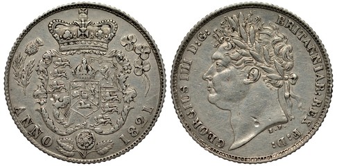 United Kingdom British silver coin 6 six pence 1821, floral shield with lions and harp flanked by thistle and clover, crown above, rose below, King George IV laureate head left, 