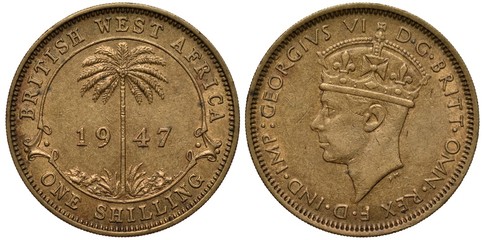British West Africa coin 1 one shilling 1947, palm tree divides date, head of King George VI left,