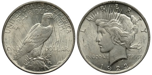 United States silver coin 1 one dollar 1923, eagle in sunrays, Liberty head left, date below,