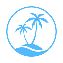Resort logo with sea and coconut palms view. Icon tropical island. Vector illustration. 