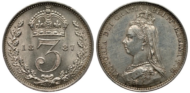 United Kingdom British silver coin 3 three pence 1887, large digit of face value divides date, crown above, oak branches with acorns at sides, Queen Victoria bust left,