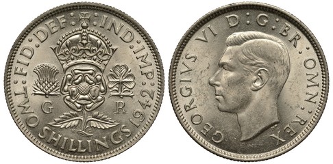 Great Britain British silver coin 2 two shillings 1942, WWII issue, crowned rose flanked by thistle and clover, monogram below, King George VI head left,