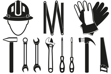 Black and white 11 handyman tools silhouette set