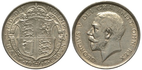United Kingdom British silver coin 1/2 half crown 1918, crowned shield with lions and harp within ribbon circle, King George V head left, 