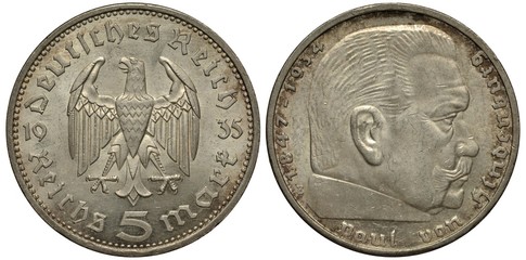 Germany German 5 five marks 1935, eagle divides date, face value below, head of Paul von Hindenburg right, 