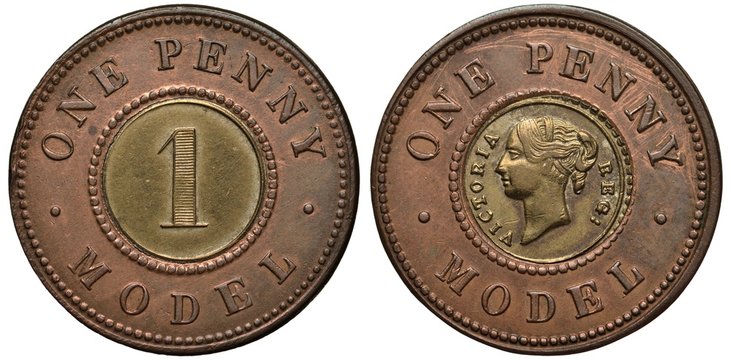 Great Britain British bimetallic coin 1 one penny model late 19th century, trial issue, Queen Victoria head in center in circle of beads, 