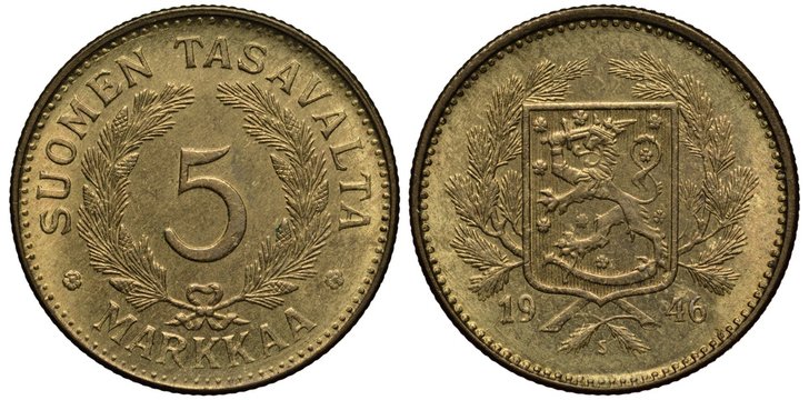 Finland Finnish Suomi coin 5 five markkaa 1946, first year after WWII, face value flanked by spruce branches with cones, lion with sword on shield in front of spruce branches,