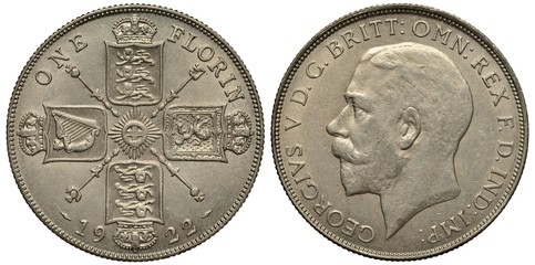 Great Britain British silver coin 1 one florin 1922, four crowned shield with lions and harp in...