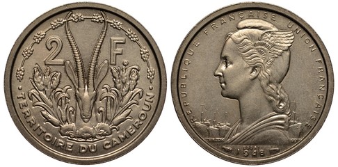 French Cameroun coin 2 two franc 1948, trial issue, antelope with horns flanked by corn, woman in winged Phrygian cap left, port with ships behind, 