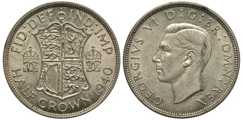 Great Britain British silver coin 1/2 half crown 1940, WWII issue, shield with lions and harp...