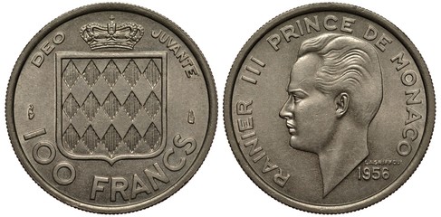 Monaco Monegasque coin 100 one hundred 1956, crowned shield with rhombs, face value below, head of...