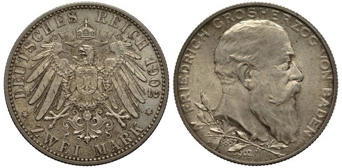 German Germany Baden silver coin 2 two marks 1902, 50 years of reign, crowned imperial eagle with...