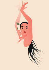 Beautiful Spanish flamenco dancer wearing flower in her hair - obrazy, fototapety, plakaty