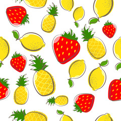 lemon pineapple strawberry fruit seamless pattern