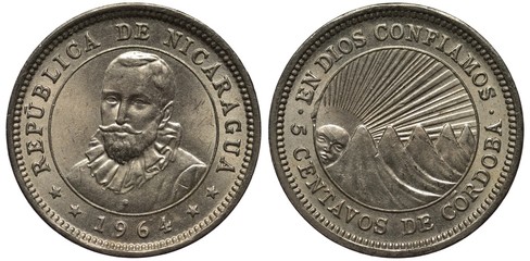 Nicaragua Nicaraguan coin 5 five centavos 1964, bust of Francisco Hernández de Córdoba facing, date below flanked by stars, radiant sun behind mountains within central circle,