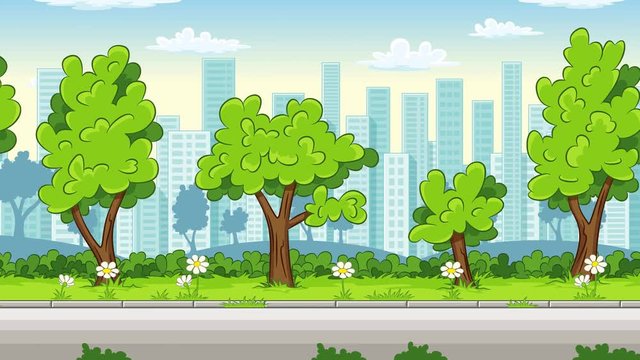 Cartoon cityscape with street and trees