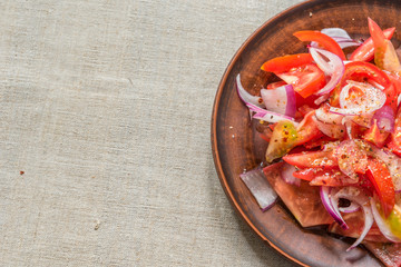 Vegetarian salad of tomato and red onion on liana tablecloth - copy space, close-up