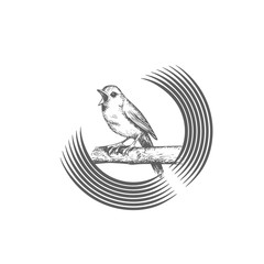 Sings and chirps bird, sits on circular and round branch, logo template. Animals and wildlife, design. Nature illustration