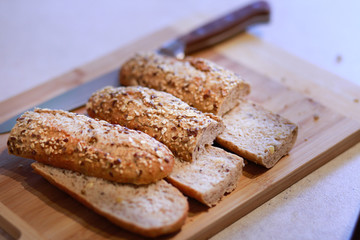 home-baked bread with healthy grain, natural ingredients, cut in half.