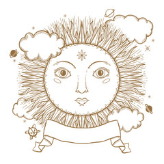Sketch graphic illustration Beautiful Sun face with mystic and occult hand drawn symbols. Vector illustration. Vintage Hands with Old Fashion Tattoos.