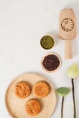 Moon cake traditional cake of Vietnamese - Chinese mid autumn festival. Text on cake mean happiness.