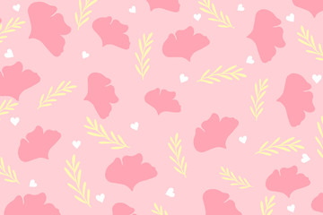 Cute botanics pattern with pink petal white heart and yellow leaf on pastel pink background in minimal abstract style look so sweet for wallpaper and all design. Concept about environment and plants.