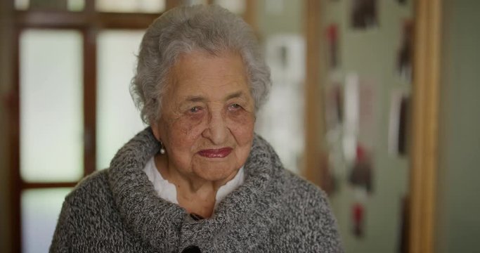 Portrait Of Tired Elderly Woman Looking Pensive Contemplative Frail Old Pensioner Lady In Retirement Home Lobby