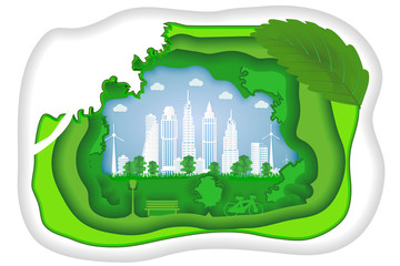 Green eco city.Urban countryside and cityscape of environment conservation paper art style.Ecology city.Vector illustration.