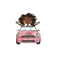 African American Girl In Red Car Isolated On A White Background Hand Drawn Illustration