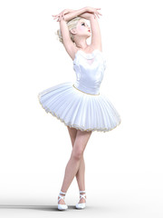 Naklejka premium Dancing ballerina 3D. White ballet tutu. Blonde girl with blue eyes. Ballet dancer. Studio photography. High key. Conceptual fashion art. Render realistic illustration. White background.
