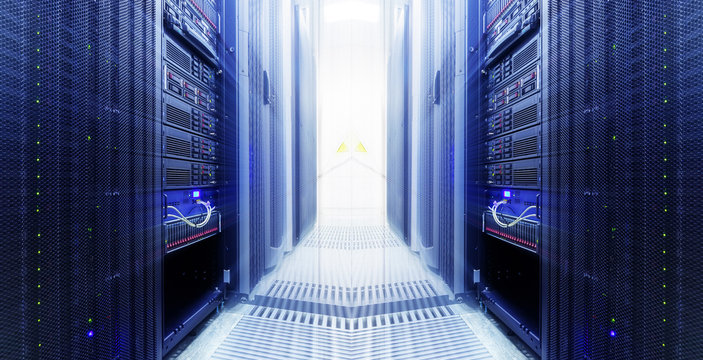 Server room center exchanging cyber datas and connections. rows of server hardware in data center
