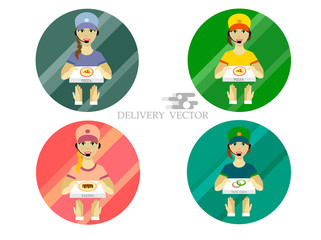 Food Delivery Service. Girl deliverer in a flat style. Vector. 