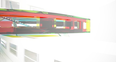 Fototapeta premium Streszczenie białe i kolorowe okulary gradientowe wnętrze wielopoziomowej przestrzeni publicznej z oknem. Ilustracja i renderowanie 3D.