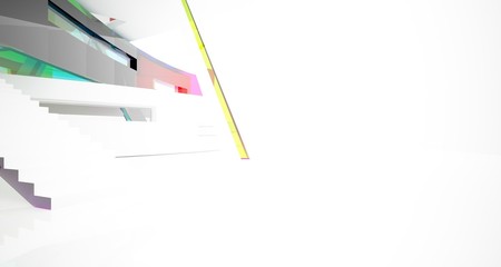 Abstract white and colored gradient glasses interior multilevel public space with window. 3D illustration and rendering.
