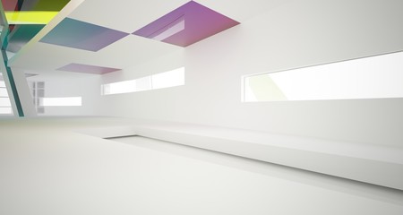 Abstract white and colored gradient glasses interior multilevel public space with window. 3D illustration and rendering.