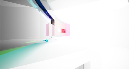 Abstract white and colored gradient glasses interior multilevel public space with window. 3D illustration and rendering.