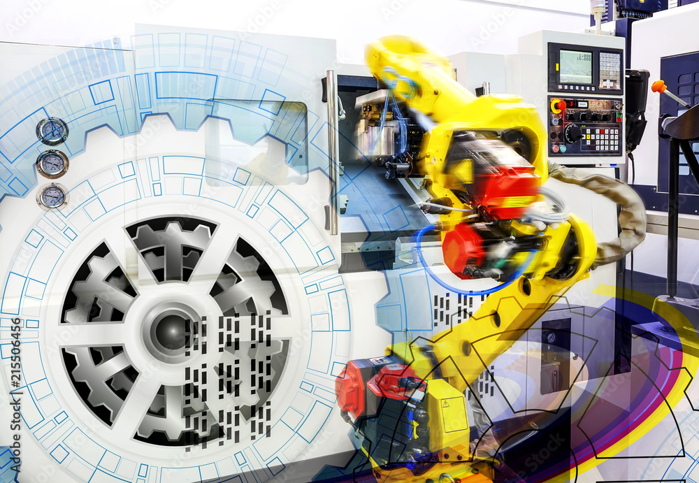 Poster machine control panel cnc with with numerical control covered illustration gear wheel, hi-tech digit