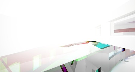 Abstract white and colored gradient glasses interior multilevel public space with window. 3D illustration and rendering.