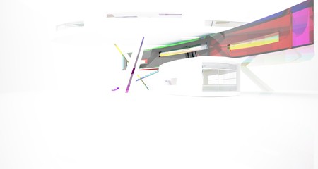 Naklejka premium Abstract white and colored gradient glasses interior multilevel public space with window. 3D illustration and rendering.