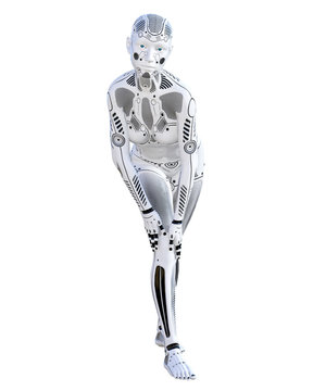 Robot woman. Metal droid. Artificial Intelligence. Conceptual fashion art. Realistic 3D render illustration. Studio, isolate, high key.