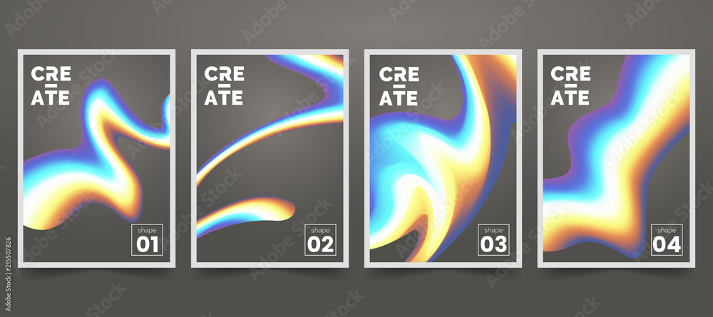 Poster abstract poster set with liquid holographic shape. iridescent wavy forms on gray background. multi c
