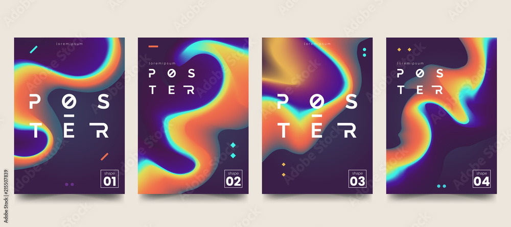 Poster modern marble ink poster collection. abstract liquid shape on dark background. color gradient splash