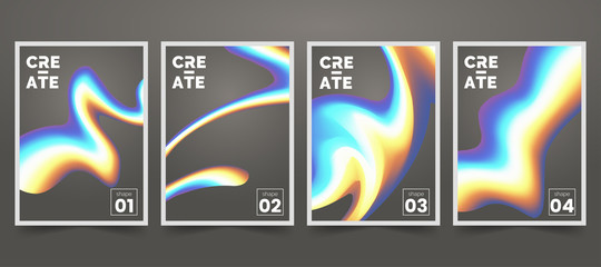 Abstract poster set with liquid holographic shape. Iridescent wavy forms on gray background. Multi color splashes. Background for banner, card, poster, identity, web design. Vector eps 10.