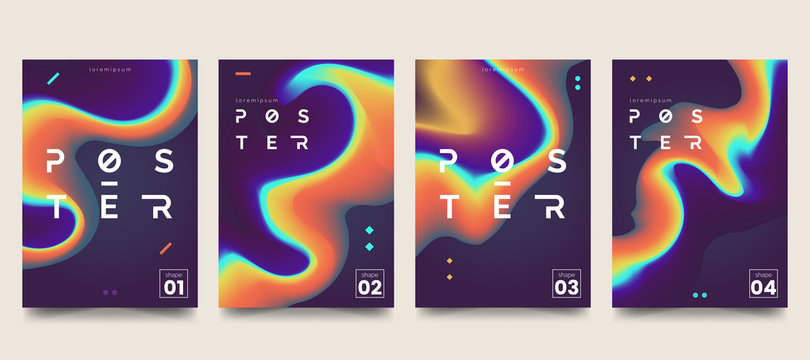 Modern marble ink poster collection. Abstract liquid shape on dark background. Color gradient splashes. Design element for card, banner, poster, identity, web design. Vector eps 10.