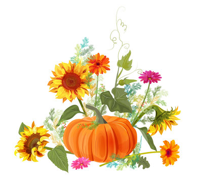 Horizontal autumn border: orange pumpkin, yellow sunflowers, gerbera daisy flower, small green twigs of Asparagus on white background. Digital draw, illustration in watercolor style for design, vector