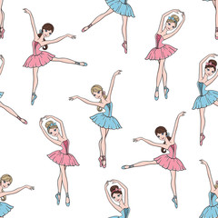 Ballet dance seamless pattern with cute ballerinas in tutu dresses